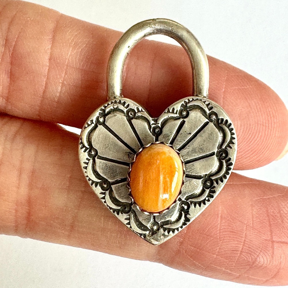 Navajo Lock Heart Pendant Orange Spiny Signed Tahe Sterling Padlock Native Amer